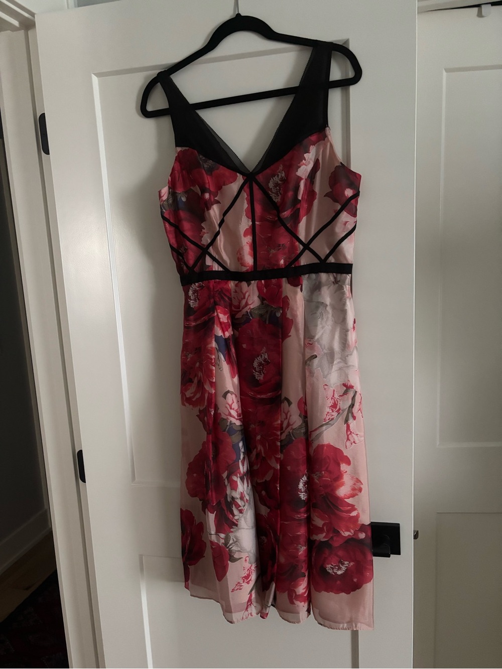 White House Black Market Pink and Red Floral V-Neck Midi Dress